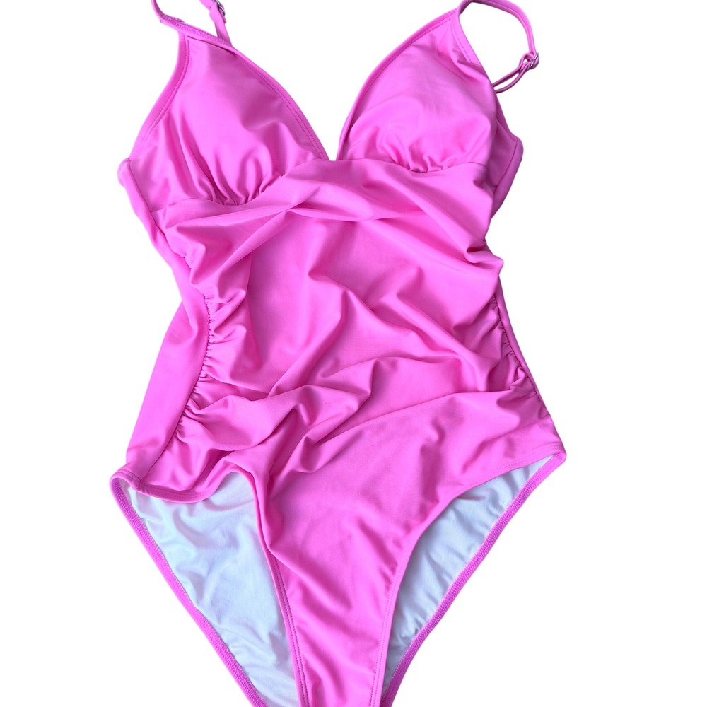 Cupshe Womens Ruched V-Neck One Piece Swimsuit‎ Hot Pink DAA12E3E19DD Size M